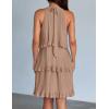 imageZESICA Womens 2025 Summer Halter Dresses Sleeveless Ruffle Tiered Layered Chiffon Pleated A Line Swing Mini DressKhaki