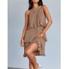 imageZESICA Womens 2025 Summer Halter Dresses Sleeveless Ruffle Tiered Layered Chiffon Pleated A Line Swing Mini DressKhaki