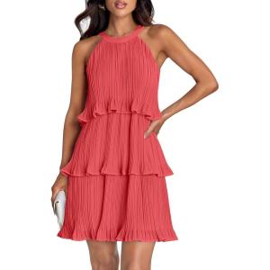 imageZESICA Womens 2025 Summer Halter Dresses Sleeveless Ruffle Tiered Layered Chiffon Pleated A Line Swing Mini DressCoral