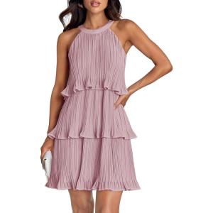 imageZESICA Womens 2025 Summer Halter Dresses Sleeveless Ruffle Tiered Layered Chiffon Pleated A Line Swing Mini DressDarkpink