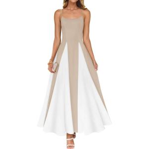 imageZESICA Womens Spaghetti Strap Maxi Dress 2025 Summer Sleeveless Color Block A Line Flowy Party DressesAlmond