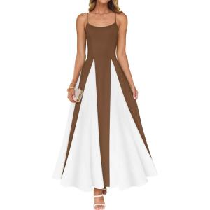 imageZESICA Womens Spaghetti Strap Maxi Dress 2025 Summer Sleeveless Color Block A Line Flowy Party DressesBrown