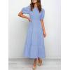 imageZESICA Womens Casual Summer Crew Neck Short Puff Sleeve Smocked High Waist Ruffle Tiered A Line Midi DressBlue