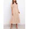 imageZESICA Womens Casual Summer Crew Neck Short Puff Sleeve Smocked High Waist Ruffle Tiered A Line Midi DressPink