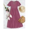 imageZESICA Womens Casual Summer Crew Neck Short Puff Sleeve Smocked High Waist Ruffle Tiered A Line Midi DressPlum