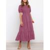 imageZESICA Womens Casual Summer Crew Neck Short Puff Sleeve Smocked High Waist Ruffle Tiered A Line Midi DressPlum