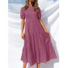 imageZESICA Womens Casual Summer Crew Neck Short Puff Sleeve Smocked High Waist Ruffle Tiered A Line Midi DressPlum