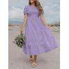 imageZESICA Womens Casual Summer Crew Neck Short Puff Sleeve Smocked High Waist Ruffle Tiered A Line Midi DressPurple