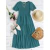 imageZESICA Womens Casual Summer Crew Neck Short Puff Sleeve Smocked High Waist Ruffle Tiered A Line Midi DressTeal