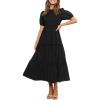 imageZESICA Womens Casual Summer Crew Neck Short Puff Sleeve Smocked High Waist Ruffle Tiered A Line Midi DressBlack