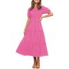imageZESICA Womens Casual Summer Crew Neck Short Puff Sleeve Smocked High Waist Ruffle Tiered A Line Midi DressRose