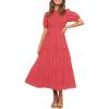 imageZESICA Womens Casual Summer Crew Neck Short Puff Sleeve Smocked High Waist Ruffle Tiered A Line Midi DressWatermelon