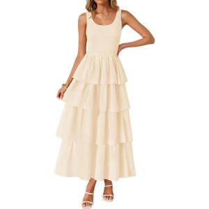 imageZESICA Womens 2025 Summer Boho Sleeveless Midi Dress Scoop Neck Ruffle Tiered Layered Swing Long Beach Vacation DressesApricot