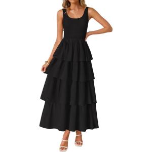 imageZESICA Womens 2025 Summer Boho Sleeveless Midi Dress Scoop Neck Ruffle Tiered Layered Swing Long Beach Vacation DressesBlack
