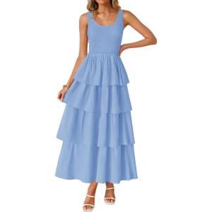 imageZESICA Womens 2025 Summer Boho Sleeveless Midi Dress Scoop Neck Ruffle Tiered Layered Swing Long Beach Vacation DressesBlue