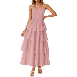 imageZESICA Womens 2025 Summer Boho Sleeveless Midi Dress Scoop Neck Ruffle Tiered Layered Swing Long Beach Vacation DressesPink