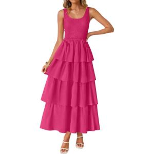 imageZESICA Womens 2025 Summer Boho Sleeveless Midi Dress Scoop Neck Ruffle Tiered Layered Swing Long Beach Vacation DressesRose