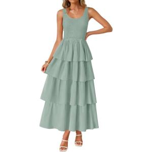 imageZESICA Womens 2025 Summer Boho Sleeveless Midi Dress Scoop Neck Ruffle Tiered Layered Swing Long Beach Vacation DressesSage