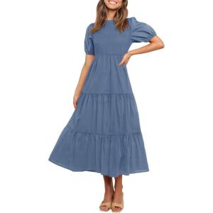 imageZESICA Womens Casual Summer Crew Neck Short Puff Sleeve Smocked High Waist Ruffle Tiered A Line Midi DressDustyblue