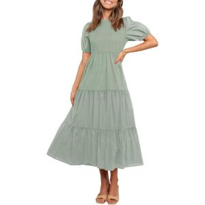 imageZESICA Womens Casual Summer Crew Neck Short Puff Sleeve Smocked High Waist Ruffle Tiered A Line Midi DressDustygreen