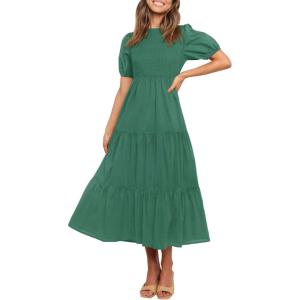 imageZESICA Womens Casual Summer Crew Neck Short Puff Sleeve Smocked High Waist Ruffle Tiered A Line Midi DressForestgreen