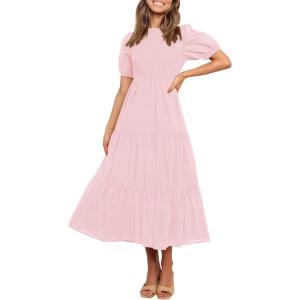 imageZESICA Womens Casual Summer Crew Neck Short Puff Sleeve Smocked High Waist Ruffle Tiered A Line Midi DressLightpink
