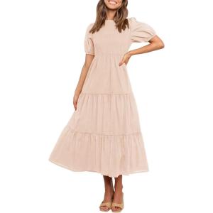 imageZESICA Womens Casual Summer Crew Neck Short Puff Sleeve Smocked High Waist Ruffle Tiered A Line Midi DressPink