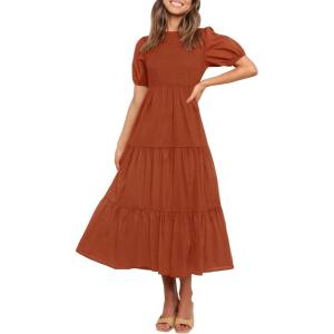 imageZESICA Womens Casual Summer Crew Neck Short Puff Sleeve Smocked High Waist Ruffle Tiered A Line Midi DressRust