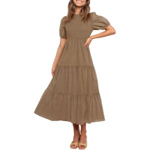 imageZESICA Womens Casual Summer Crew Neck Short Puff Sleeve Smocked High Waist Ruffle Tiered A Line Midi DressTan
