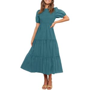 imageZESICA Womens Casual Summer Crew Neck Short Puff Sleeve Smocked High Waist Ruffle Tiered A Line Midi DressTeal