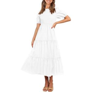 imageZESICA Womens Casual Summer Crew Neck Short Puff Sleeve Smocked High Waist Ruffle Tiered A Line Midi DressWhite