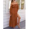 imageZESICA Womens 2025 Boho Sexy Off Shoulder Long Sleeve Smocked High Waist Side Split Flowy A Line Tiered Long Maxi DressCaramel
