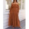 imageZESICA Womens 2025 Boho Sexy Off Shoulder Long Sleeve Smocked High Waist Side Split Flowy A Line Tiered Long Maxi DressCaramel