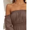 imageZESICA Womens 2025 Boho Sexy Off Shoulder Long Sleeve Smocked High Waist Side Split Flowy A Line Tiered Long Maxi DressCoffee