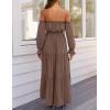imageZESICA Womens 2025 Boho Sexy Off Shoulder Long Sleeve Smocked High Waist Side Split Flowy A Line Tiered Long Maxi DressCoffee