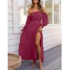 imageZESICA Womens 2025 Boho Sexy Off Shoulder Long Sleeve Smocked High Waist Side Split Flowy A Line Tiered Long Maxi DressFuchsia