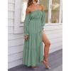 imageZESICA Womens 2025 Boho Sexy Off Shoulder Long Sleeve Smocked High Waist Side Split Flowy A Line Tiered Long Maxi DressGreen