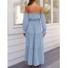 imageZESICA Womens 2025 Boho Sexy Off Shoulder Long Sleeve Smocked High Waist Side Split Flowy A Line Tiered Long Maxi DressLight Blue
