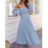imageZESICA Womens 2025 Boho Sexy Off Shoulder Long Sleeve Smocked High Waist Side Split Flowy A Line Tiered Long Maxi DressLight Blue