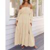 imageZESICA Womens 2025 Boho Sexy Off Shoulder Long Sleeve Smocked High Waist Side Split Flowy A Line Tiered Long Maxi DressLight Yellow