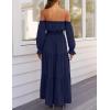 imageZESICA Womens 2025 Boho Sexy Off Shoulder Long Sleeve Smocked High Waist Side Split Flowy A Line Tiered Long Maxi DressNavy
