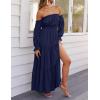 imageZESICA Womens 2025 Boho Sexy Off Shoulder Long Sleeve Smocked High Waist Side Split Flowy A Line Tiered Long Maxi DressNavy