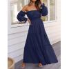 imageZESICA Womens 2025 Boho Sexy Off Shoulder Long Sleeve Smocked High Waist Side Split Flowy A Line Tiered Long Maxi DressNavy