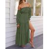 imageZESICA Womens 2025 Boho Sexy Off Shoulder Long Sleeve Smocked High Waist Side Split Flowy A Line Tiered Long Maxi DressOlive