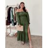 imageZESICA Womens 2025 Boho Sexy Off Shoulder Long Sleeve Smocked High Waist Side Split Flowy A Line Tiered Long Maxi DressOlive