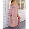 imageZESICA Womens 2025 Boho Sexy Off Shoulder Long Sleeve Smocked High Waist Side Split Flowy A Line Tiered Long Maxi DressPink