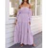 imageZESICA Womens 2025 Boho Sexy Off Shoulder Long Sleeve Smocked High Waist Side Split Flowy A Line Tiered Long Maxi DressPurple