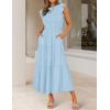 imageZESICA Womens 2025 Summer Casual Flutter Short Sleeve Crew Neck Smocked Elastic Waist Tiered Midi DressBlue
