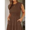 imageZESICA Womens 2025 Summer Casual Flutter Short Sleeve Crew Neck Smocked Elastic Waist Tiered Midi DressCoffee