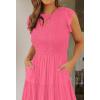 imageZESICA Womens 2025 Summer Casual Flutter Short Sleeve Crew Neck Smocked Elastic Waist Tiered Midi DressHot Pink
